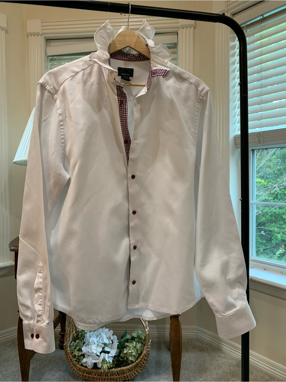 Reimagined White Dress Shirt with Red-Black Check Trim - Picture 2 of 7